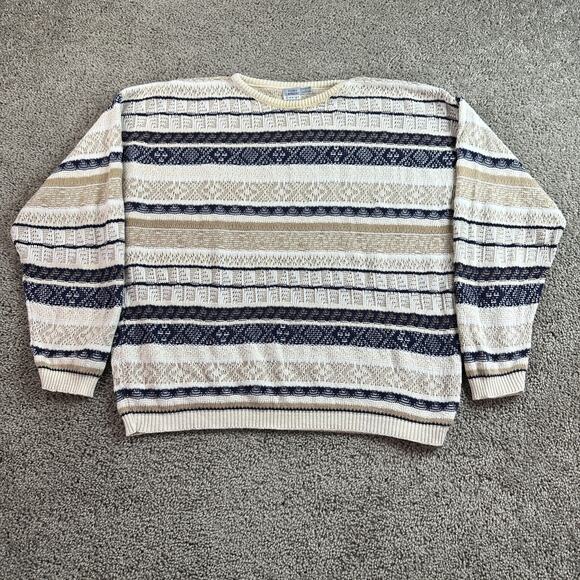 VINTAGE Tony Lambert Sweater Mens Large Beige Black Stripe Biggie Cosby 90s - Picture 1 of 10